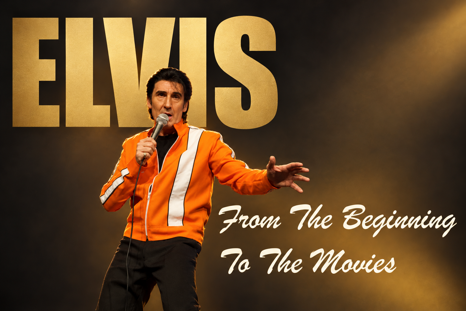 Shaky Everett vor einem schwarz-goldenen Hintergrund mit dem Schriftzug Elvis – From the Beginning to the Movies